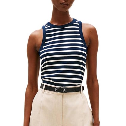 TOMMY HILFIGER Tommy Hilfiger Kadın Pamuklu Yuvarlak Kolsuz Günlük Lacivert-Beyaz Bluz WW0WW38635-0X4