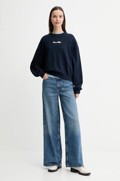 Tommy Hilfiger Tommy Hilfiger Kadın Pamuklu Rahat Kalıp Yuvarlak Yakalı Düşük Omuzlu Lacivert Sweatshirt WW0WW48269-C1G