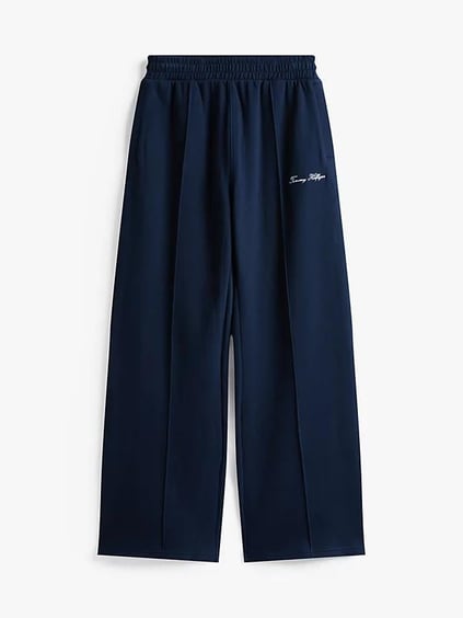 TOMMY HILFIGER Tommy Hilfiger Kadın Pileli Straight Fit Geniş Paça İşleme Desenli Pamuklu Mavi Eşofman Altı WW0WW45744-C1G