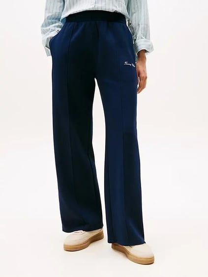 TOMMY HILFIGER Tommy Hilfiger Kadın Pileli Straight Fit Geniş Paça İşleme Desenli Pamuklu Mavi Eşofman Altı WW0WW45744-C1G
