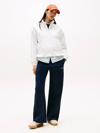 TOMMY HILFIGER Tommy Hilfiger Kadın Pileli Straight Fit Geniş Paça İşleme Desenli Pamuklu Mavi Eşofman Altı WW0WW45744-C1G