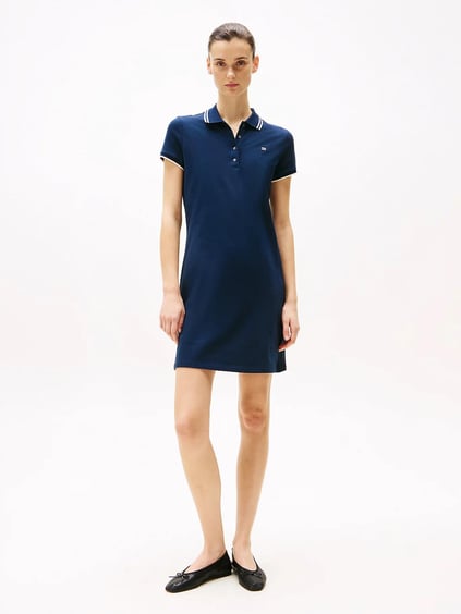 TOMMY HILFIGER Tommy Hilfiger Kadın Polo Yaka Zincir Desen Kısa Kol Pamuklu Lacivert Elbise WW0WW45532-C1G