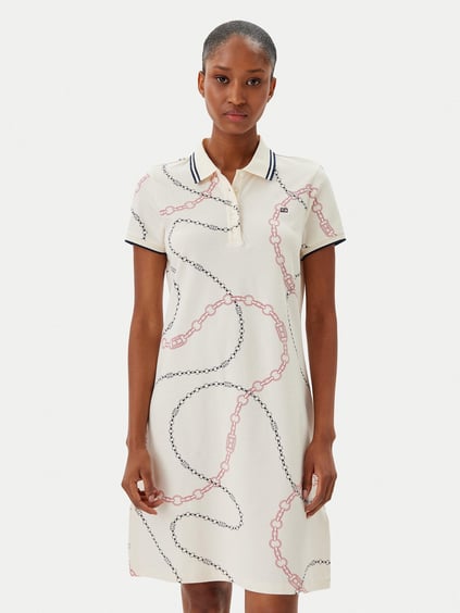 TOMMY HILFIGER Tommy Hilfiger Kadın Polo Yaka Zincir Desen Kısa Kol Pamuklu Bej Elbise WW0WW45532-01V