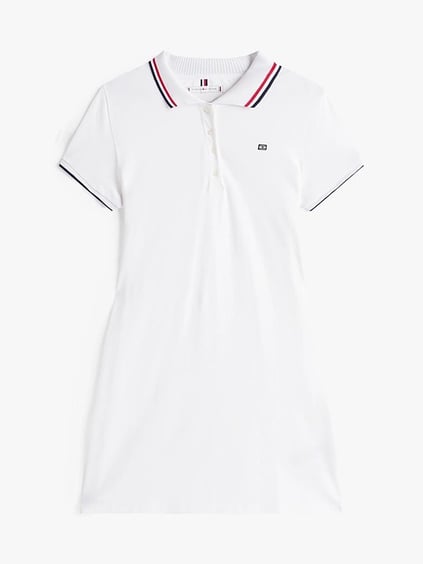 TOMMY HILFIGER Tommy Hilfiger Kadın Polo Yaka Zincir Desen Kısa Kol Pamuklu Beyaz Elbise WW0WW45532-YCF
