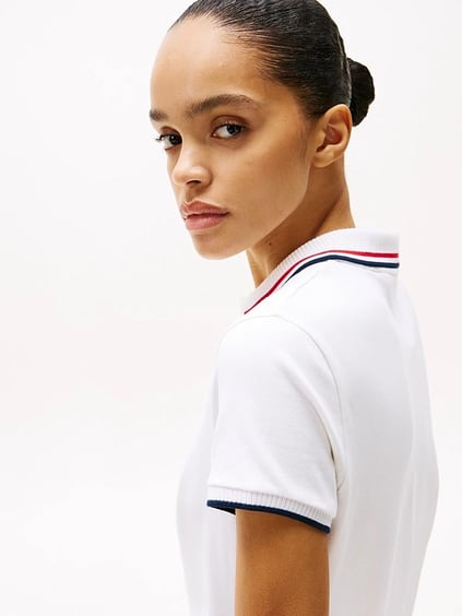 TOMMY HILFIGER Tommy Hilfiger Kadın Polo Yaka Zincir Desen Kısa Kol Pamuklu Beyaz Elbise WW0WW45532-YCF