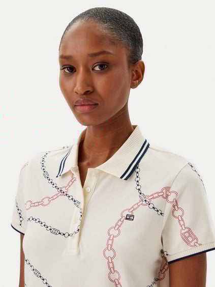 TOMMY HILFIGER Tommy Hilfiger Kadın Polo Yaka Zincir Desen Kısa Kol Pamuklu Bej Elbise WW0WW45532-01V