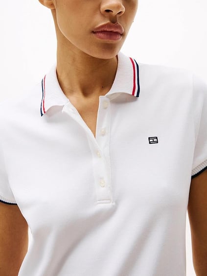 TOMMY HILFIGER Tommy Hilfiger Kadın Polo Yaka Zincir Desen Kısa Kol Pamuklu Beyaz Elbise WW0WW45532-YCF