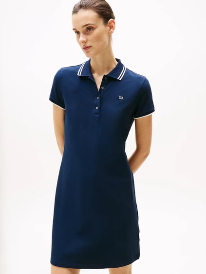 TOMMY HILFIGER Tommy Hilfiger Kadın Polo Yaka Zincir Desen Kısa Kol Pamuklu Lacivert Elbise WW0WW45532-C1G