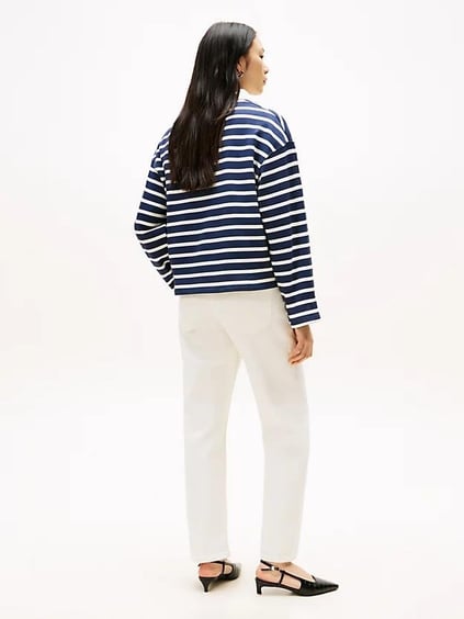Tommy Hilfiger Tommy Hilfiger Kadın Rahat Kalıp Pamuklu Çizgi Desenli Uzun Kollu Mavi-Beyaz Sweatshirt WW0WW47457-0Y7