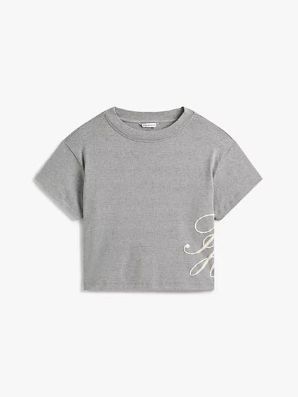 Tommy Hilfiger Tommy Hilfiger Kadın Rahat Kalıp Yuvarlak Yakalı TH Logo İşleme Detaylı Kısa Kollu Gri T-Shirt WW0WW47314-P61