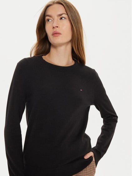 Tommy Hilfiger Tommy Hilfiger Kadın Regular Fit Ribanalı Yuvarlak Yaka Uzun Kollu Esnek Örme Siyah Kazak WW0WW44984-BDS