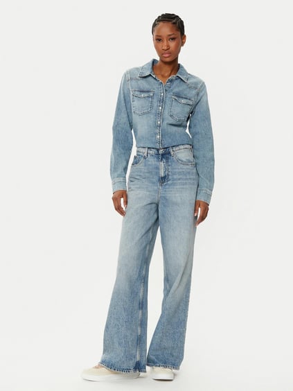 TOMMY HILFIGER Tommy Hilfiger Kadın Regular Fit Cep Detaylı Uzun Kollu Denim Mavi Gömlek WW0WW43730-1A5