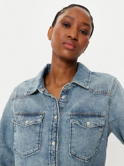 TOMMY HILFIGER Tommy Hilfiger Kadın Regular Fit Cep Detaylı Uzun Kollu Denim Mavi Gömlek WW0WW43730-1A5