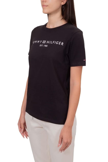 TOMMY HILFIGER Tommy Hilfiger Kadın Saf Pamuklu Yuvarlak Yaka Göğüste Logolu Kısa Kollu Siyah Bluz WW0WW40276-BDS
