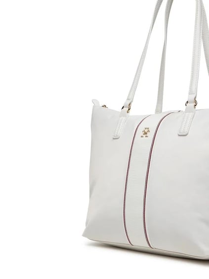 TOMMY HILFIGER Tommy Hilfiger Kadın Şerit Çizgili Metalik Logolu Geniş İç Hacimli Fermuarlı Ekru Omuz Çantası AW0AW17205-YBL