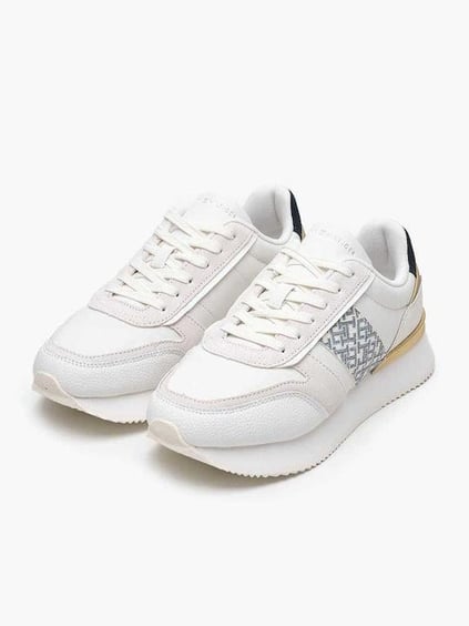 Tommy Hilfiger Tommy Hilfiger Kadın TH Monogram Logolu Şerit Detaylı Rahat Taban Deri Beyaz Sneaker FW0FW08387-YBL