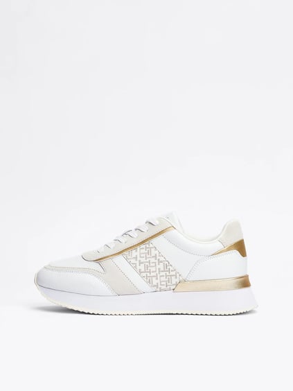 Tommy Hilfiger Tommy Hilfiger Kadın TH Monogram Logolu Şerit Detaylı Rahat Taban Deri Beyaz Sneaker FW0FW08387-0K4