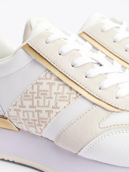 Tommy Hilfiger Tommy Hilfiger Kadın TH Monogram Logolu Şerit Detaylı Rahat Taban Deri Beyaz Sneaker FW0FW08387-0K4