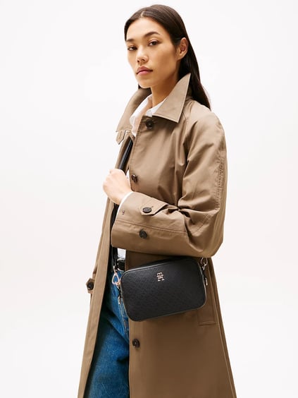 TOMMY HILFIGER Tommy Hilfiger Kadın TH Monogram Dokulu Çıkarılabilir Fermuarlı Cüzdan Cüzdan Ekli Ayarlanabilir Omuz Askılı Siyah Omuz Çantası AW0AW17221-BDS