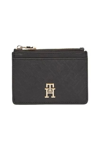 TOMMY HILFIGER Tommy Hilfiger Kadın TH Logo Desenli Kartlık Bölmeli Fermuarlı Siyah Cüzdan AW0AW17401-BDS