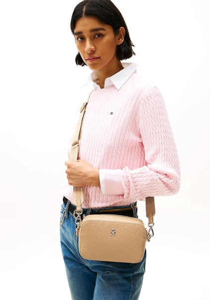 TOMMY HILFIGER Tommy Hilfiger Kadın TH Monogram Dokulu Çıkarılabilir Fermuarlı Cüzdan Cüzdan Ekli Ayarlanabilir Omuz Askılı Ekru Omuz Çantası AW0AW17221-RBC