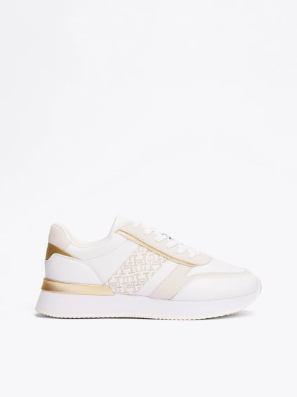Tommy Hilfiger Tommy Hilfiger Kadın TH Monogram Logolu Şerit Detaylı Rahat Taban Deri Beyaz Sneaker FW0FW08387-0K4