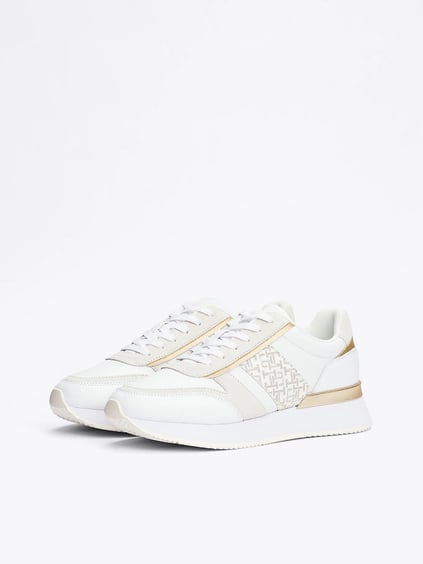 Tommy Hilfiger Tommy Hilfiger Kadın TH Monogram Logolu Şerit Detaylı Rahat Taban Deri Beyaz Sneaker FW0FW08387-0K4
