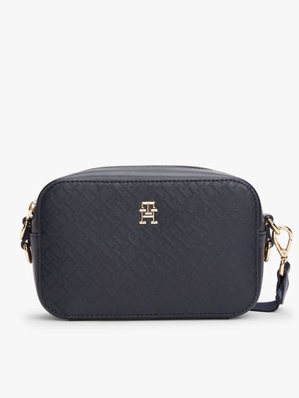 TOMMY HILFIGER Tommy Hilfiger Kadın TH Monogram Dokulu Çıkarılabilir Fermuarlı Cüzdan Cüzdan Ekli Ayarlanabilir Omuz Askılı Lacivert Omuz Çantası AW0AW17221-DW6