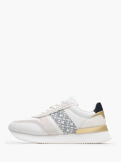 Tommy Hilfiger Tommy Hilfiger Kadın TH Monogram Logolu Şerit Detaylı Rahat Taban Deri Beyaz Sneaker FW0FW08387-YBL