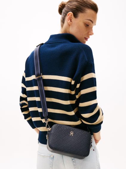 TOMMY HILFIGER Tommy Hilfiger Kadın TH Monogram Dokulu Çıkarılabilir Fermuarlı Cüzdan Cüzdan Ekli Ayarlanabilir Omuz Askılı Lacivert Omuz Çantası AW0AW17221-DW6