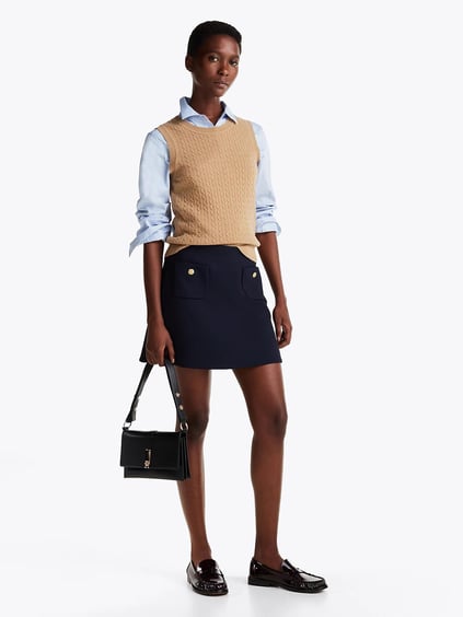 TOMMY HILFIGER Tommy Hilfiger Kadın Yüksek Bel Düğme Detaylı Kısa Mavi Etek WW0WW44994-C1G
