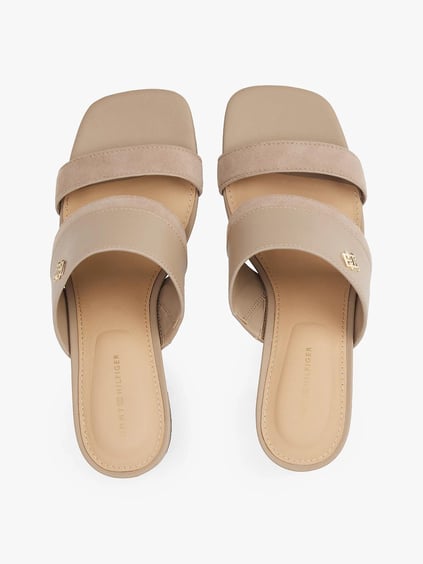 TOMMY HILFIGER Tommy Hilfiger Kadın Yüksek Topuk TH Logo Çift Bantlı Deri Bej Sandalet FW0FW08530-AFE