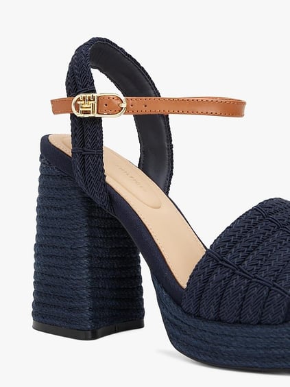 TOMMY HILFIGER Tommy Hilfiger Kadın Yüksek Kalın Hasır Topuk Bilek Bağlama Rahat Lacivert Sandalet FW0FW08425-DW6