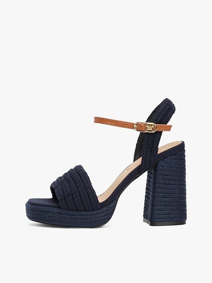 TOMMY HILFIGER Tommy Hilfiger Kadın Yüksek Kalın Hasır Topuk Bilek Bağlama Rahat Lacivert Sandalet FW0FW08425-DW6
