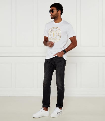 Versace Versace Erkek Regular Fit Logo Baskılı Kısa Kollu Beyaz-Altın T-Shirt 78GAHT01CJ00T-G03