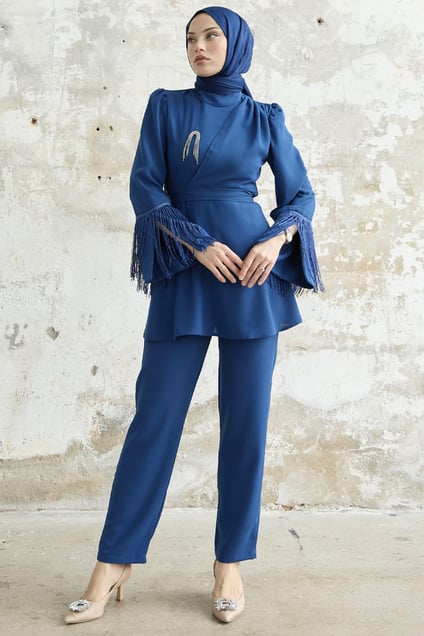 Tassel Sleeve Stone Detailed Crepe Royal Blue Suit