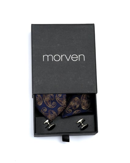 Morven Erkek Lacivert Hediyelik Kravat Kol Düğmesi Mendil Seti