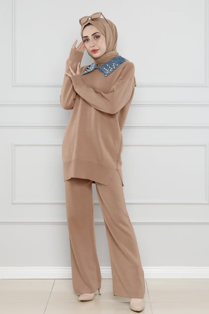 Knitwear with Collar Detailed Pearl Suit-Vizon color 