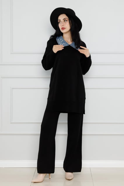 Knitwear with Collar Detailed Pearl Suit-Black color 
