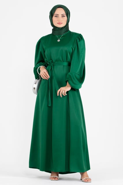 Balloon Sleeve Satin Evening Dress-emerald green