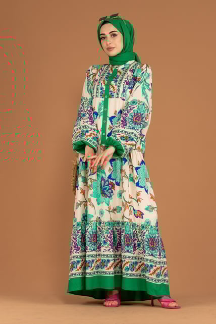Flower Pattern Half Buttoned Viscose Dress -Green