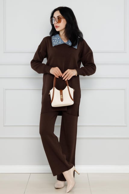 Knitwear with Collar Detailed Pearl Suit-Brown color 
