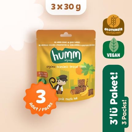 Organik Glutensiz Vegan Muzlu Kek Atıştırmalık Paketi 3 adet görseli.