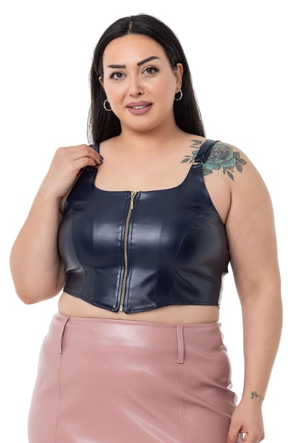 Plus Size Zipper Detailed Leather Navy Blue Bustier