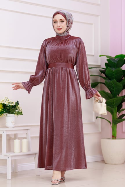 Shimmery dress with large sleeves - burgundy color 