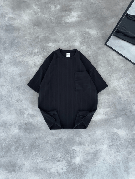 Siyah Kendinden Fitilli Örme Kumaş Oversize T-shirt