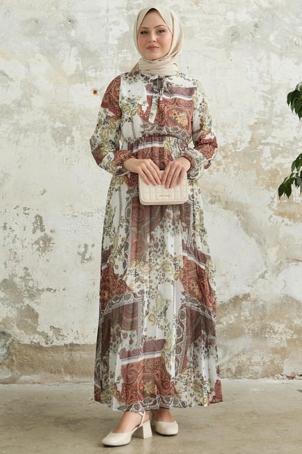 Viera Shawl Patterned Tie Neck White Chiffon Dress