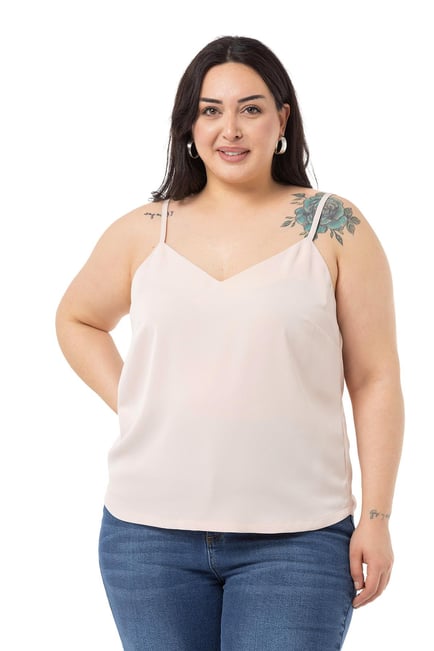 Plus Size Adjustable Thin Strap V Neck Beige Blouse