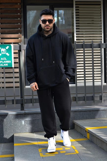 Oversize Kalın 3 İplik Siyah Şardonlu Eşofman Takımı