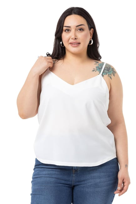 Plus Size Adjustable Thin Strap V Neck White Blouse